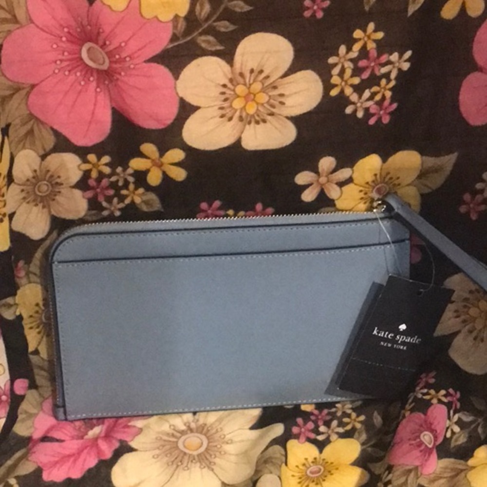 NWT Kate Spade Embroidered Floral Medium Wristlet NWT - Leather Slate Blue - Picture 4 of 13